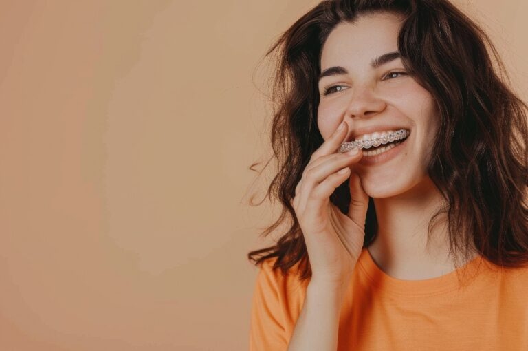 Eine dunkelhaarige Frau in einem orangefarbenen Shirt lacht vor einem beigen Hintergrund und zeigt dabei ihre Zahnspange, wodurch ein Moment freudiger Spontaneität eingefangen wird.