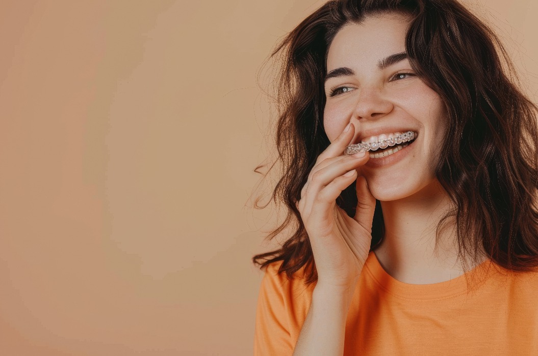 Eine dunkelhaarige Frau in einem orangefarbenen Shirt lacht vor einem beigen Hintergrund und zeigt dabei ihre Zahnspange, wodurch ein Moment freudiger Spontaneität eingefangen wird.